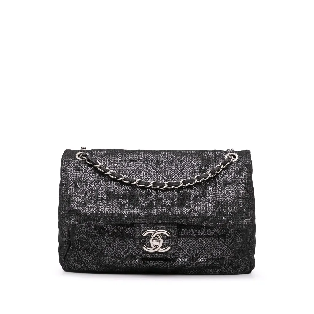 Chanel Maxi Hidden Sequins Mesh Flap Black Polyester Good - Front View