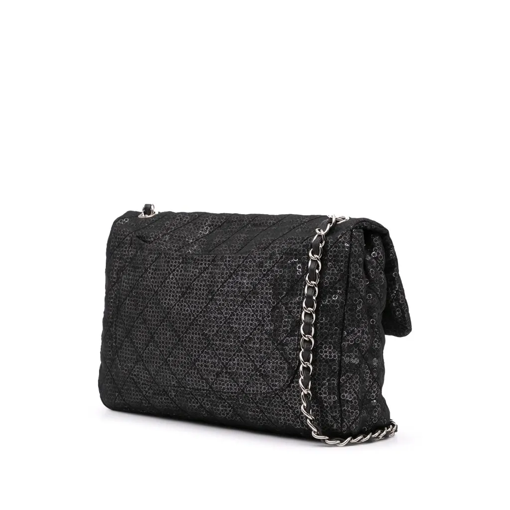 Chanel Maxi Hidden Sequins Mesh Flap Black Polyester Good - Back View