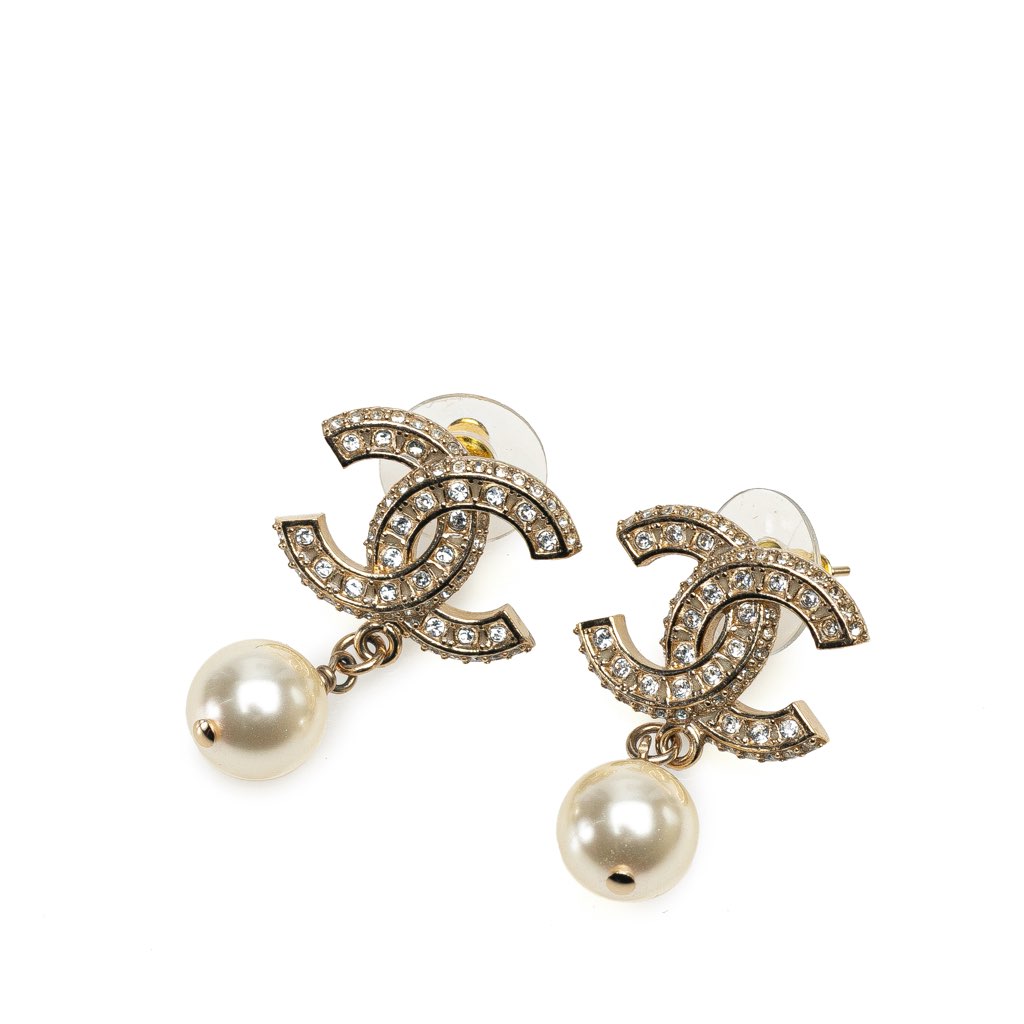 Chanel Gold Plated CC Rhinestones Pearl Drop Push Back Earrings