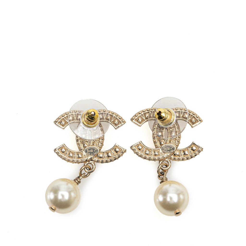 Chanel Gold Plated CC Rhinestones Pearl Drop Push Back Earrings - 2