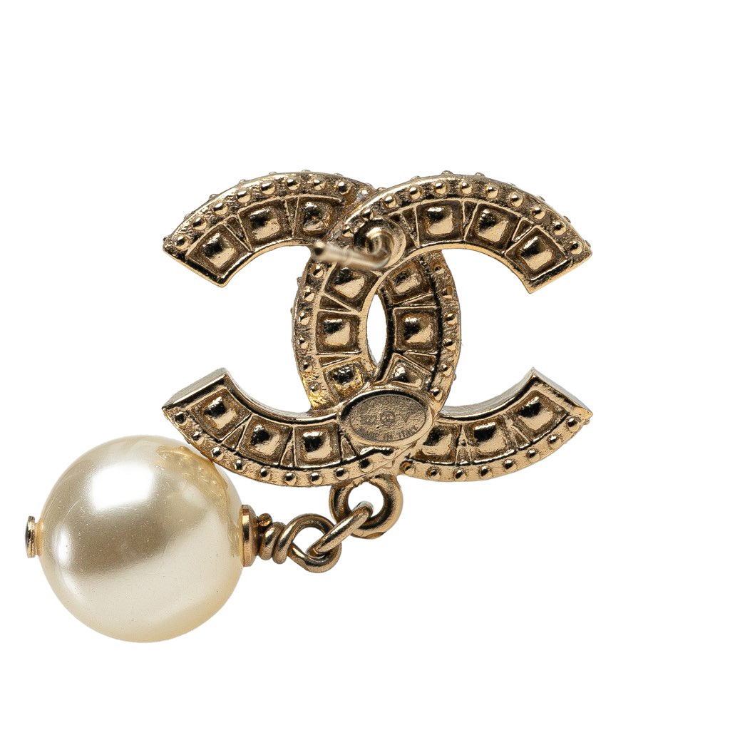 Chanel Gold Plated CC Rhinestones Pearl Drop Push Back Earrings - 4