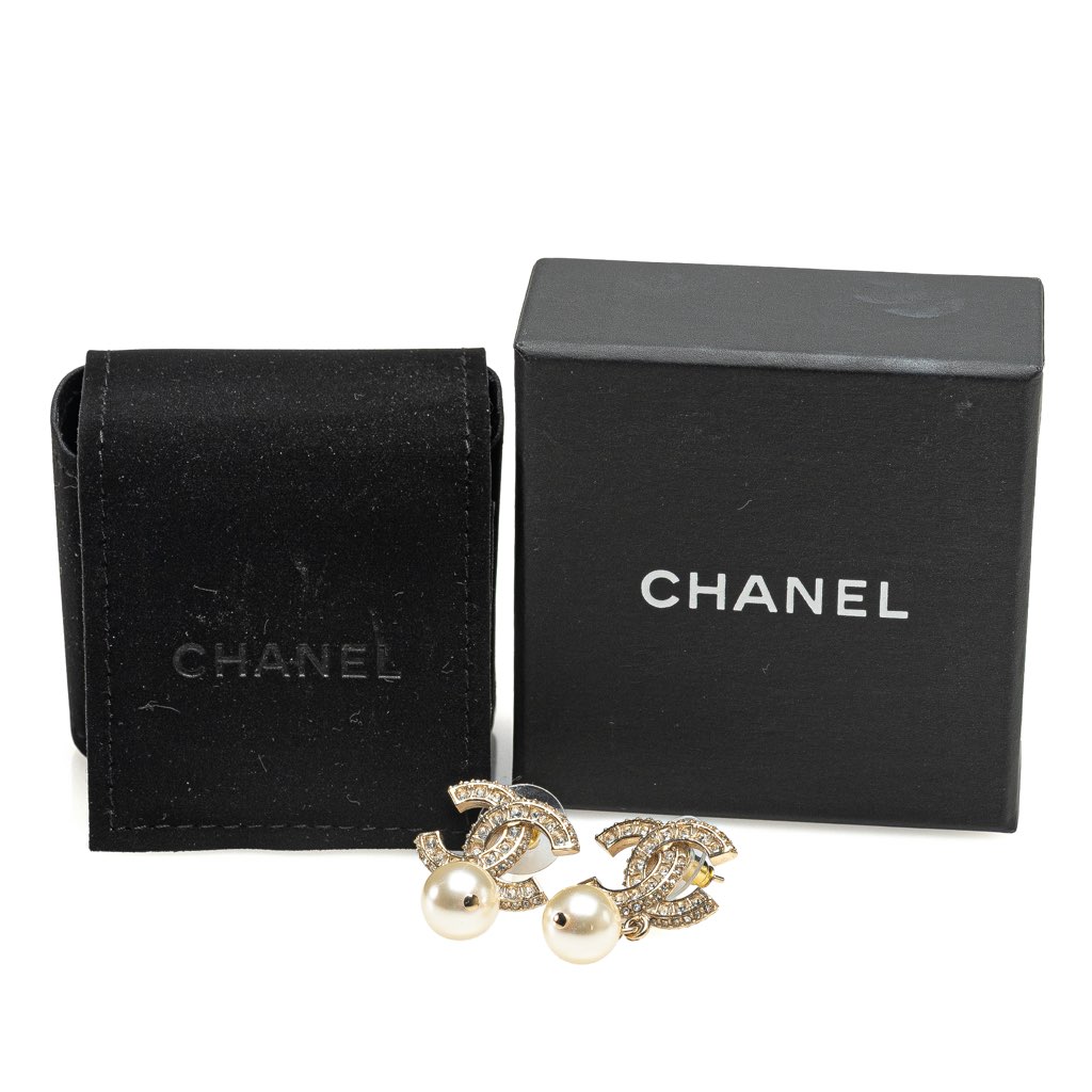 Chanel Gold Plated CC Rhinestones Pearl Drop Push Back Earrings - 5