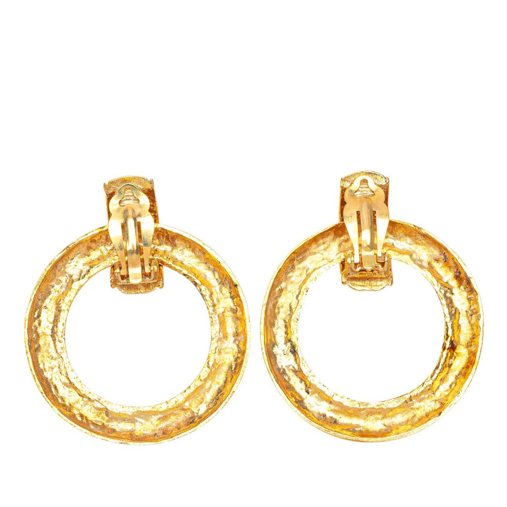 Chanel Gold Plated Quilted Dangle Hoop Clip On Earrings - 2