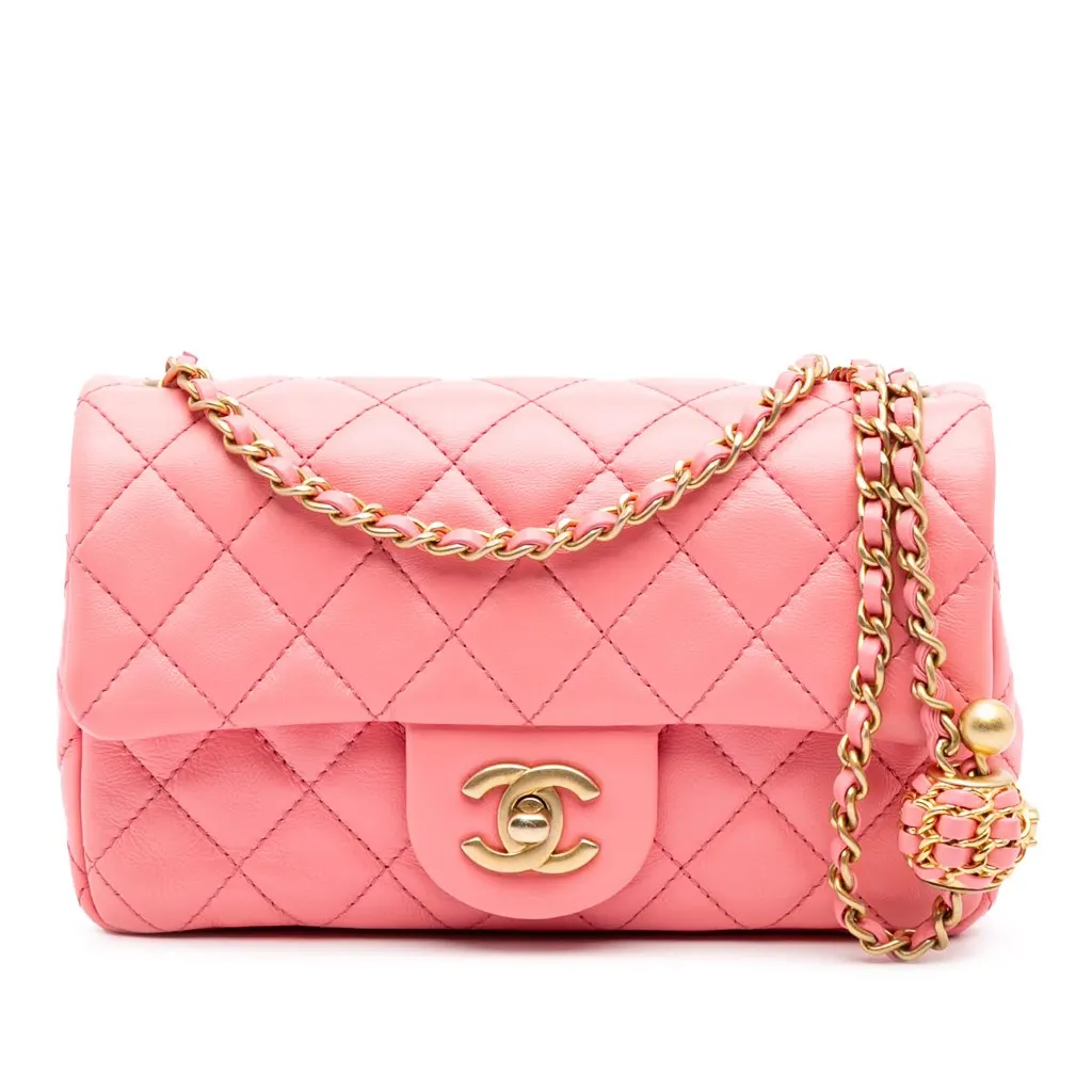 Chanel Mini Rectangular Classic Lambskin Pearl Crush Single Flap Pink Leather Good - Front View