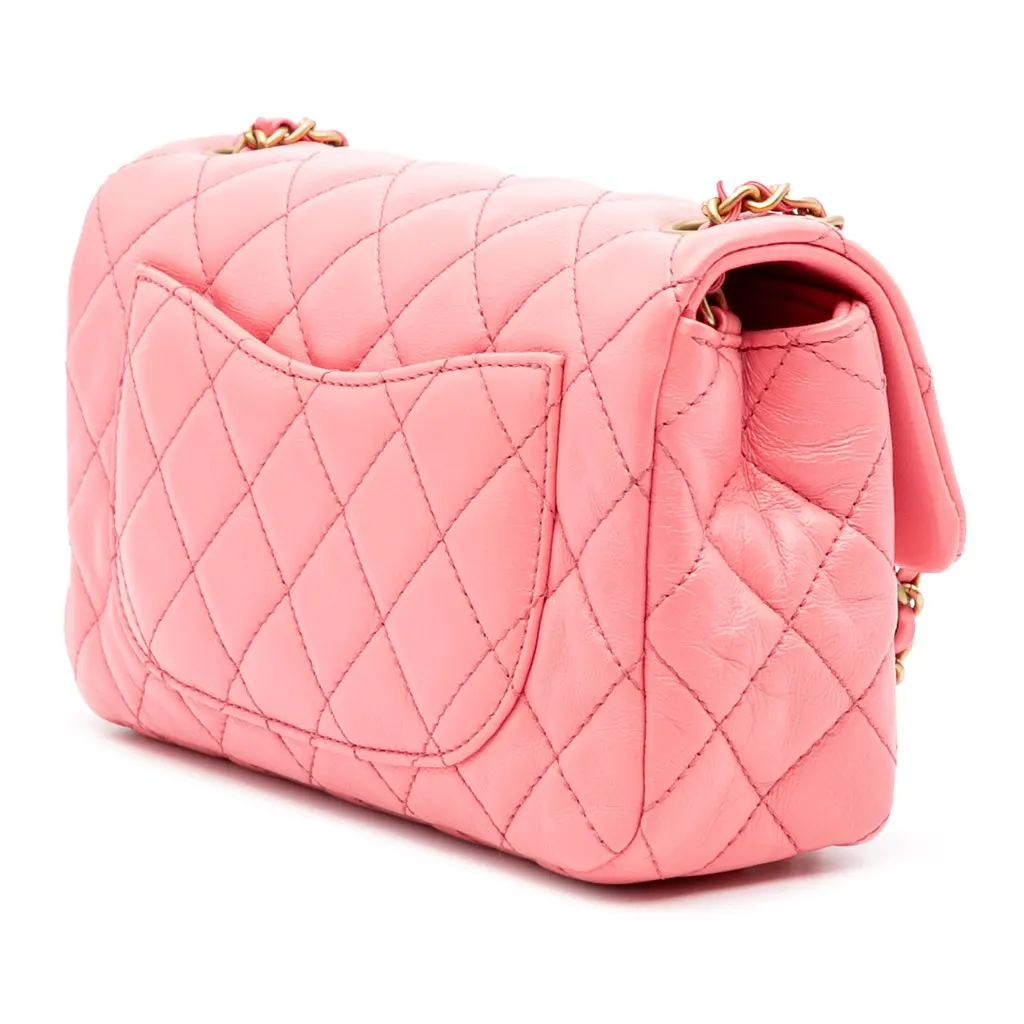 Chanel Mini Rectangular Classic Lambskin Pearl Crush Single Flap Pink Leather Good - Back View