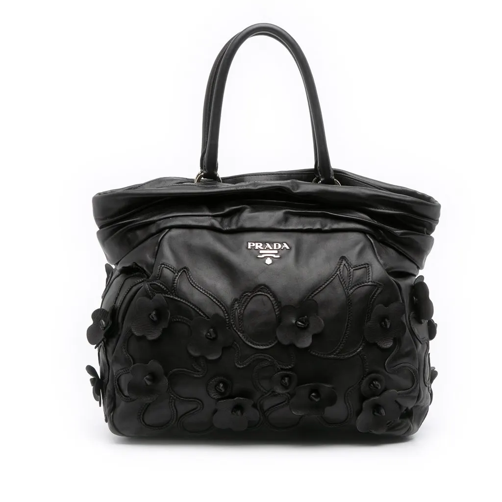 Prada Nappa Intarsio Flower Shopping Tote Black Leather Good - Front View