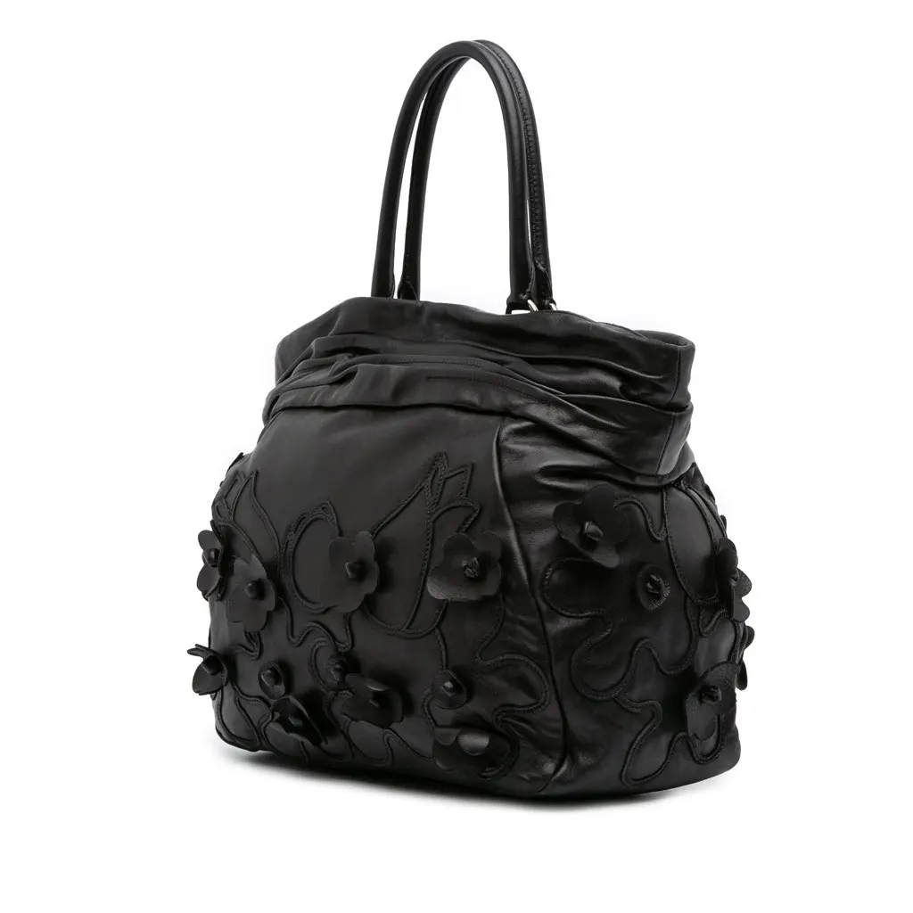 Prada Nappa Intarsio Flower Shopping Tote Black Leather Good - Back View