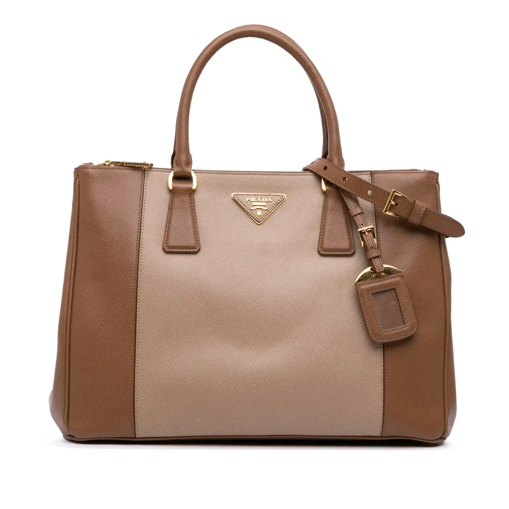 Prada Medium Bicolor Saffiano Lux Galleria Double Zip Satchel Brown Leather Fair - Front View