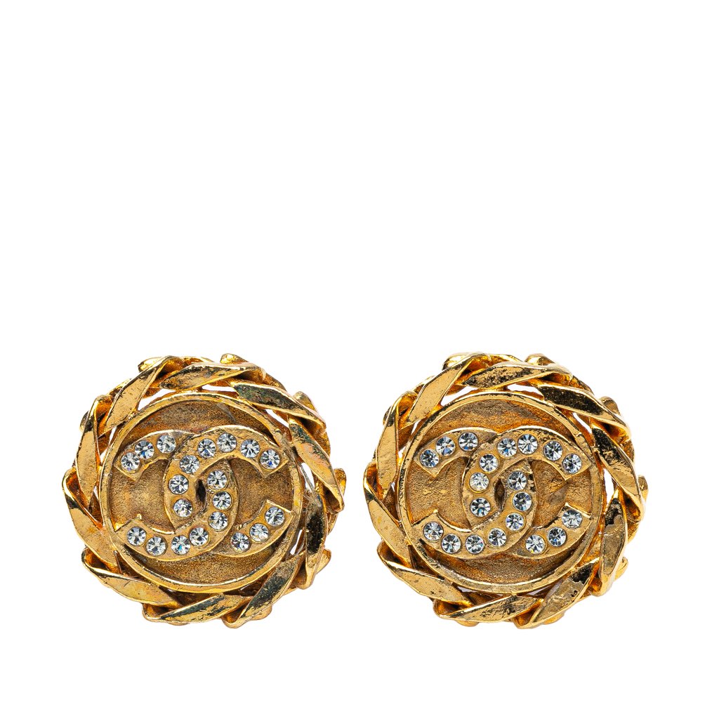 Chanel Gold Plated CC Crystal Clip On Earrings