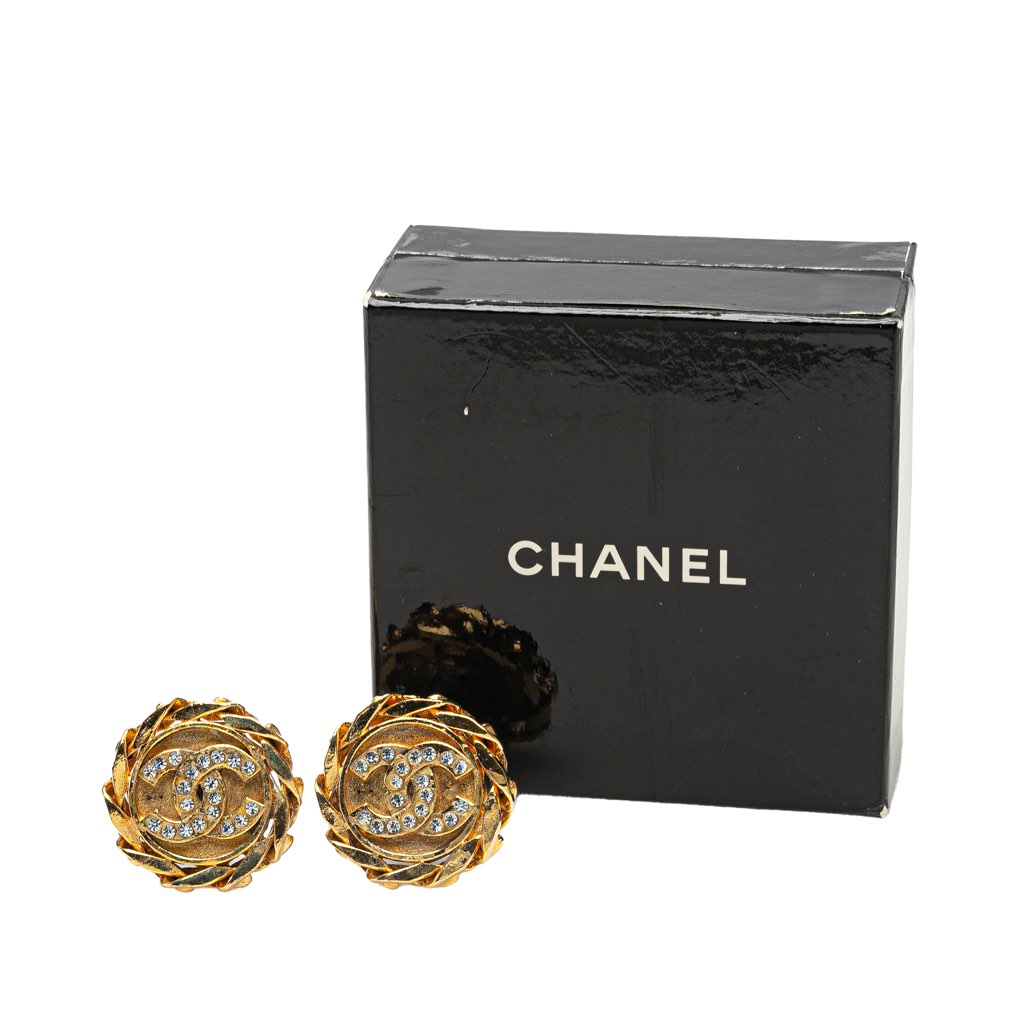 Chanel Gold Plated CC Crystal Clip On Earrings - 4