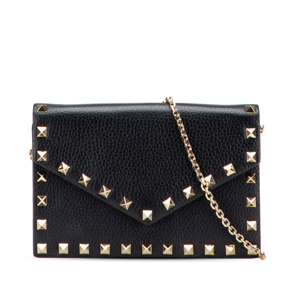 Valentino Pebbled Calfskin Rockstud Envelope Wallet on Chain