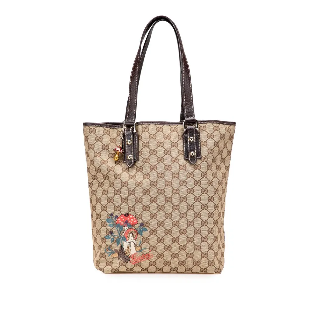 Gucci GG Canvas Embroidered Mushroom Tote Brown Canvas Good - Front View