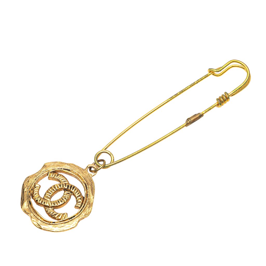 Chanel Gold Plated CC Safety Pin Brooch
