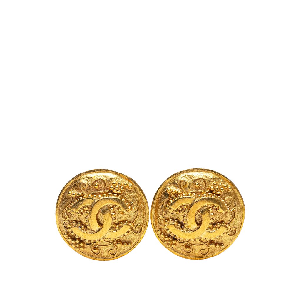 Chanel Gold Plated CC Grapevine Round Clip on Earrings