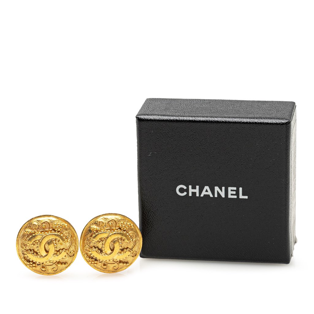 Chanel Gold Plated CC Grapevine Round Clip on Earrings - 4