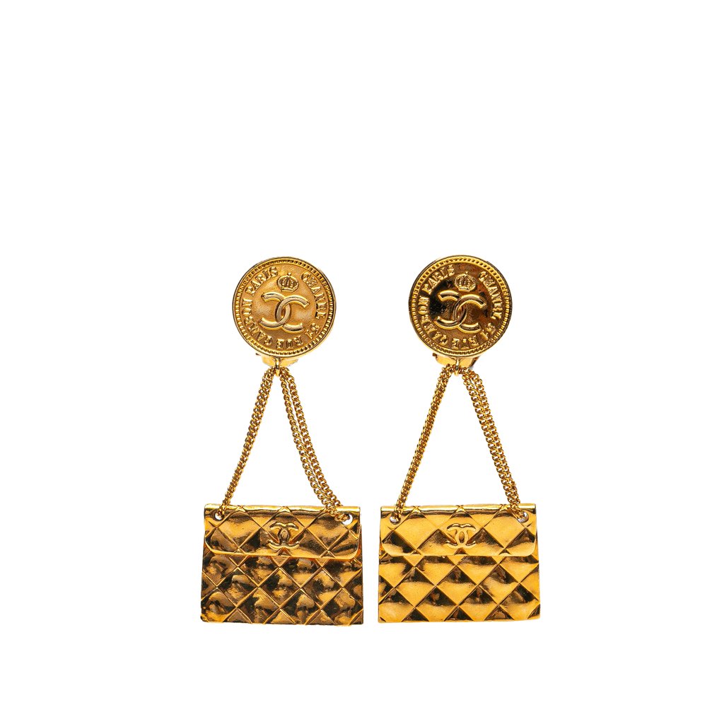 Chanel Gold Plated Flap Bag Drop Clip On Earrings