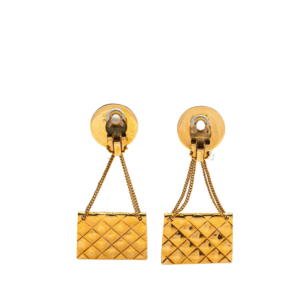 Chanel Gold Plated Flap Bag Drop Clip On Earrings - Back view