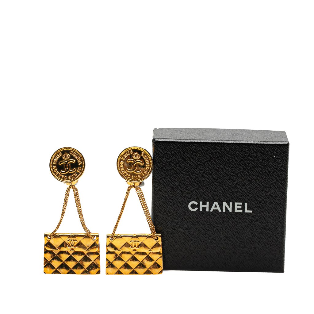 Chanel Gold Plated Flap Bag Drop Clip On Earrings - 4