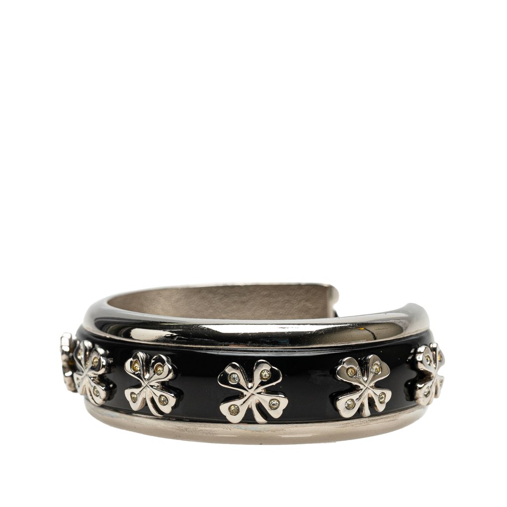 Chanel Silver Plated Enamel Rhinestone Clover Cuff Bracelet - 2