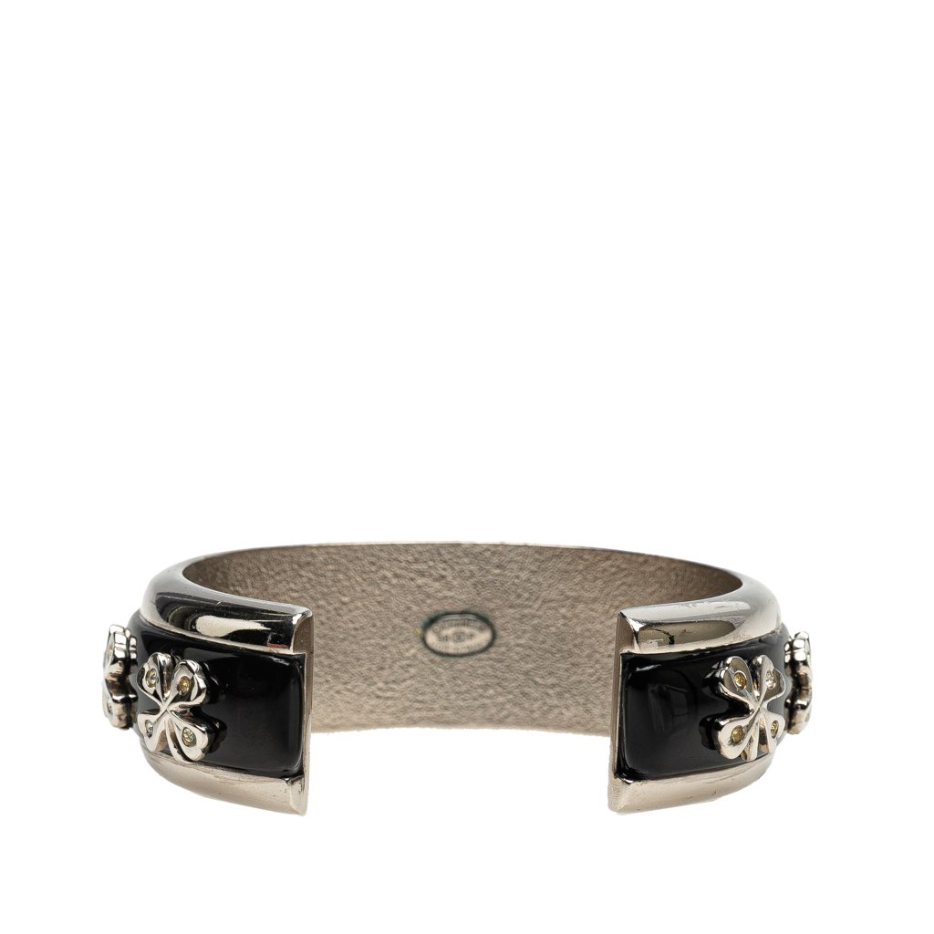 Chanel Silver Plated Enamel Rhinestone Clover Cuff Bracelet - 3