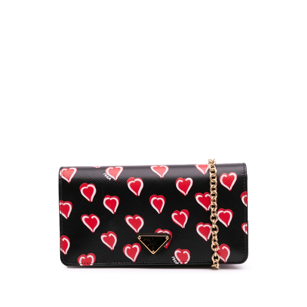 Prada Saffiano Heart Print Wallet on Chain