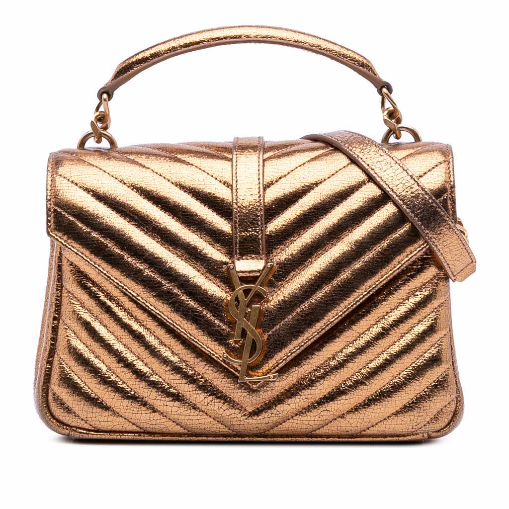 Saint Laurent Medium Metallic Calfskin Chevron Monogram College Bag