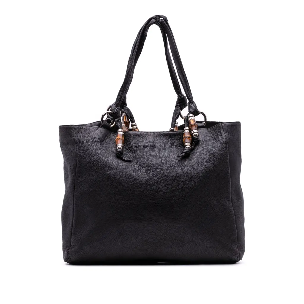 Gucci Large Pebbled Calfskin Bamboo Jungle Convertible Tote Black Leather Good - Front View