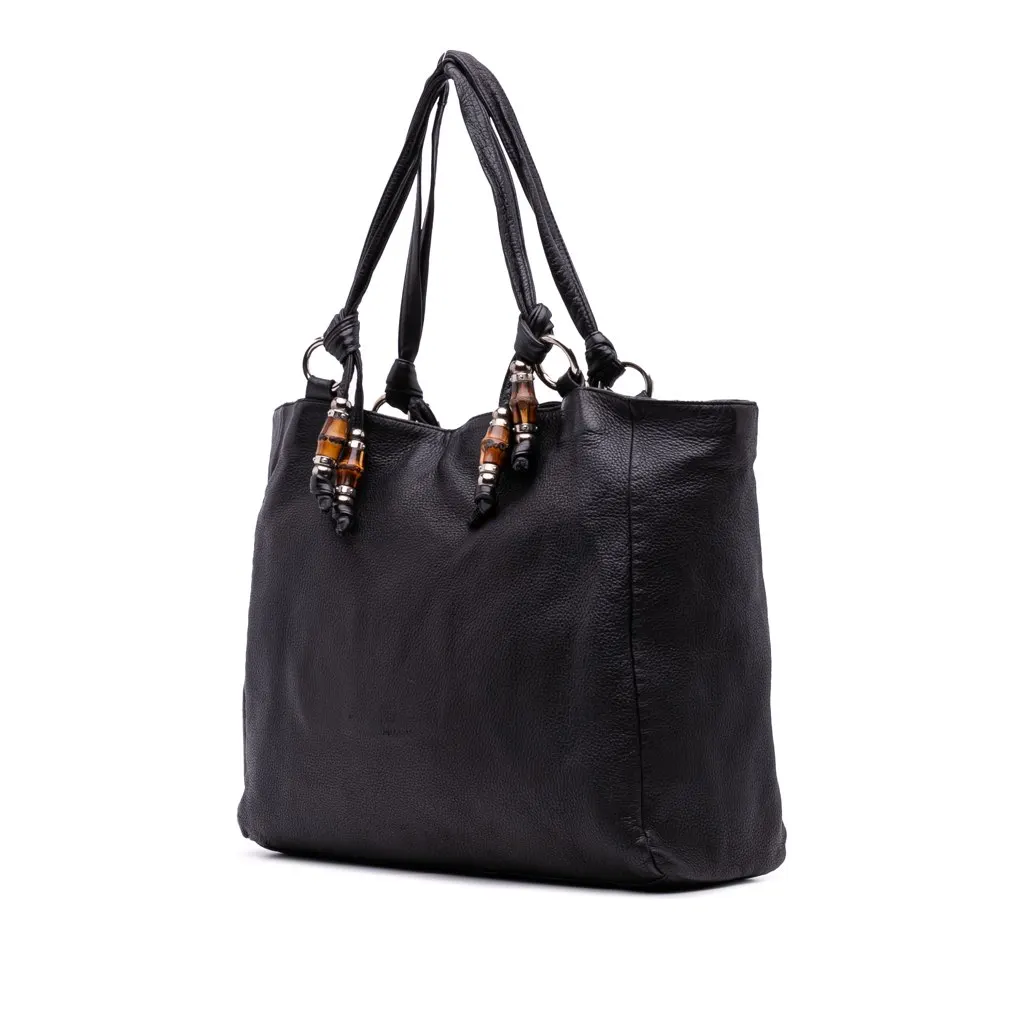 Gucci Large Pebbled Calfskin Bamboo Jungle Convertible Tote Black Leather Good - Back View