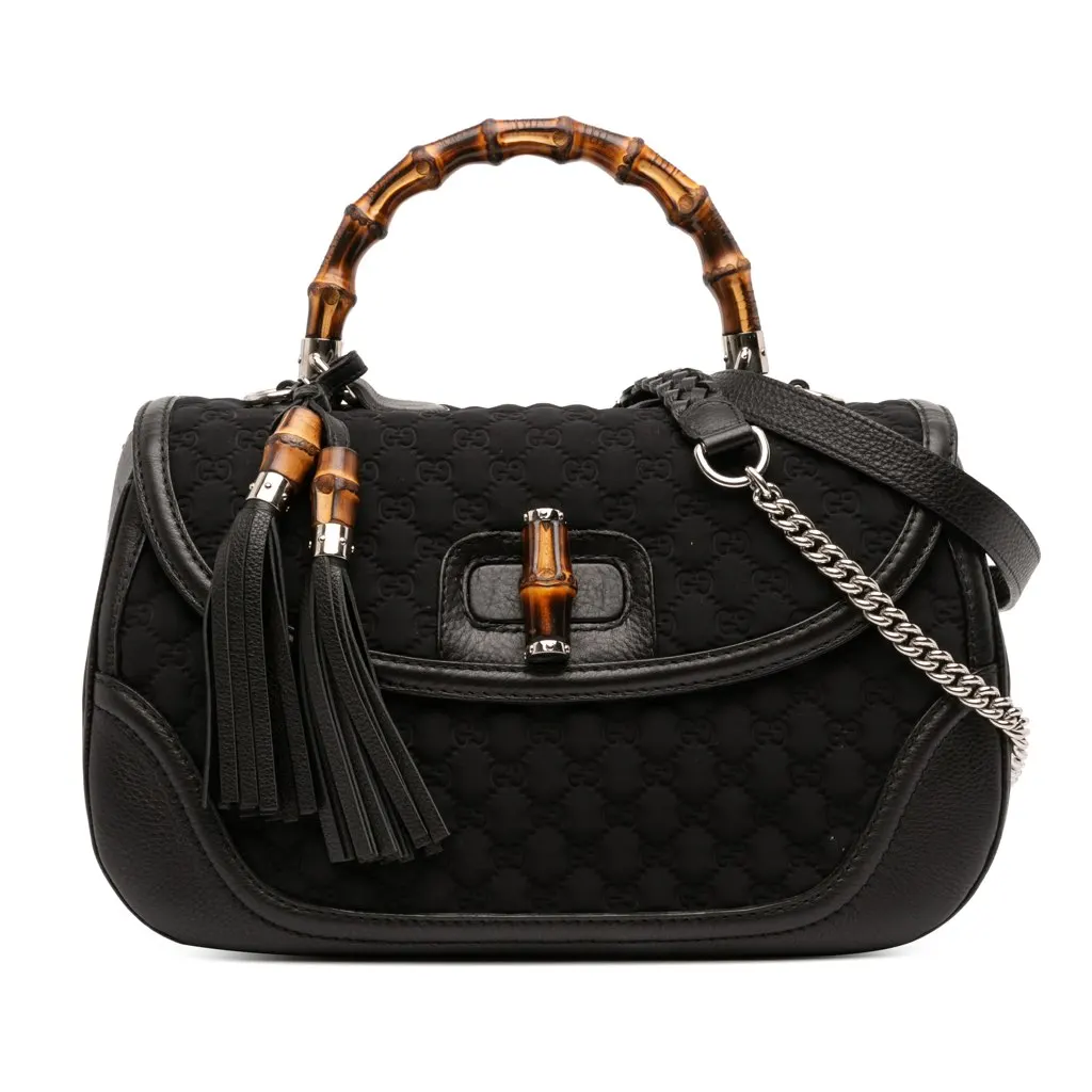 Gucci Large GG Neoprene New Bamboo Top Handle Bag Black Polyester Good - Front View
