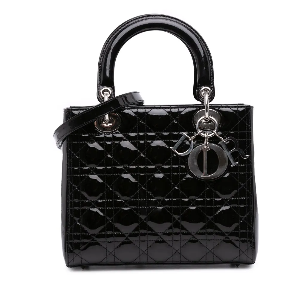 Dior Medium Patent Cannage Lady Dior Black Leather Good - Front View