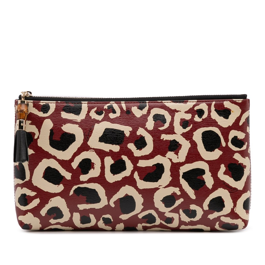 Gucci Leopard Print Leather Bamboo Clutch