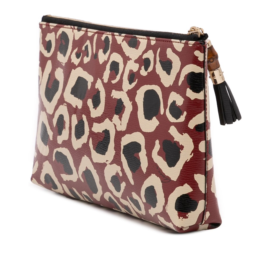 Gucci Leopard Print Leather Bamboo Clutch - Back view