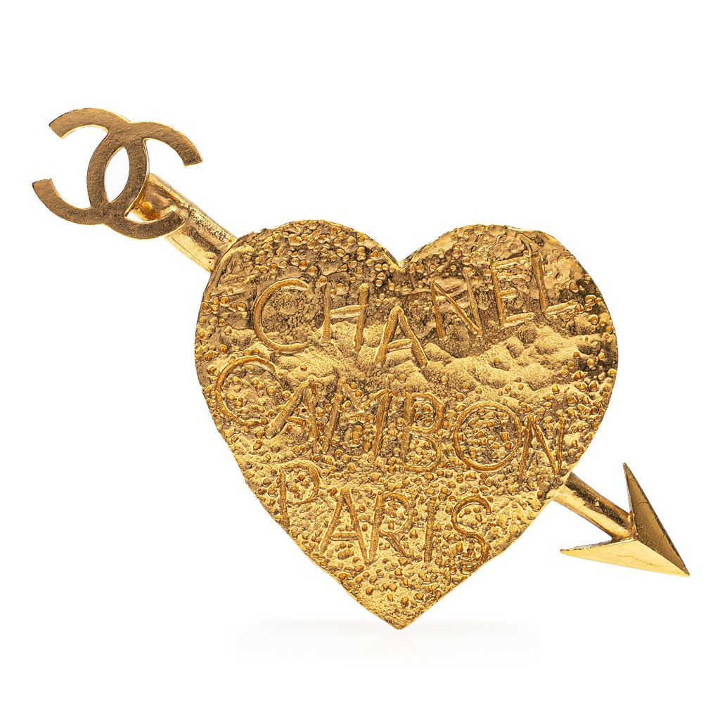 Chanel Gold Plated CC Arrow and Heart Brooch