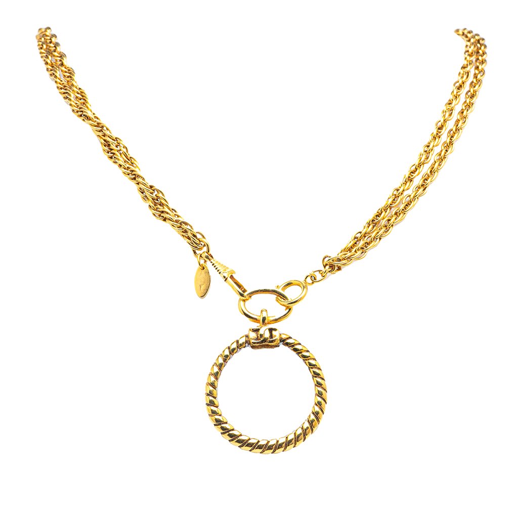 Chanel Gold Plated Double Chain Loupe Magnifying Glass Pendant Necklace