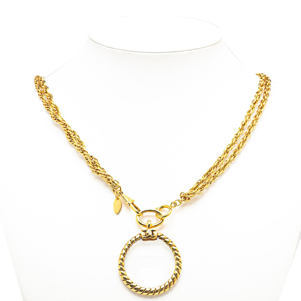 Chanel Gold Plated Double Chain Loupe Magnifying Glass Pendant Necklace - 4