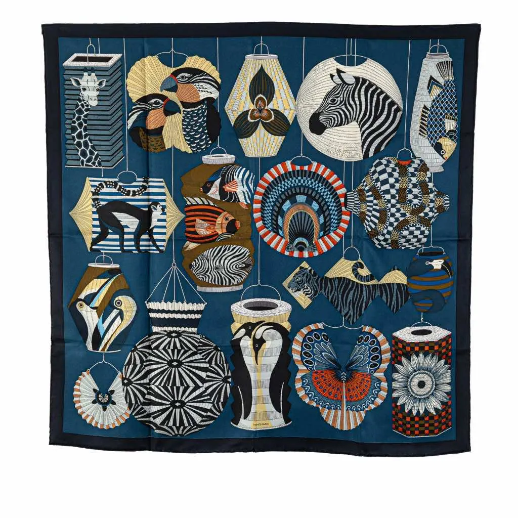Hermès Lanternes Ballons et Cocardes Silk Scarf Blue Silk Good - Front View