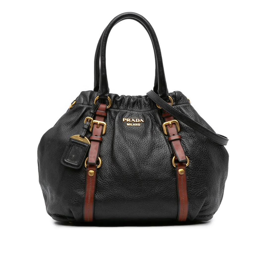 Prada Cervo Antik Satchel Black Leather Good - Front View