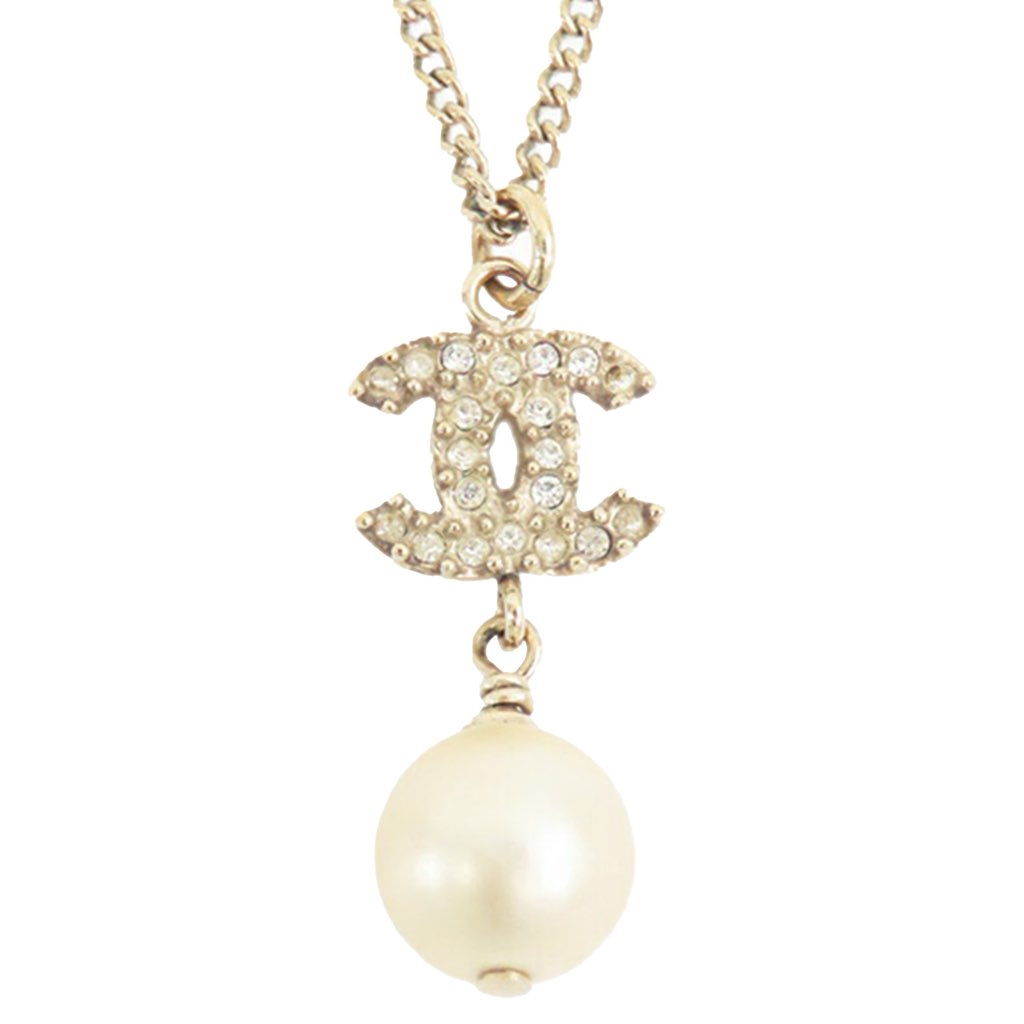 Chanel Gold Plated CC Rhinestones and Faux Pearl Pendant Necklace - 2