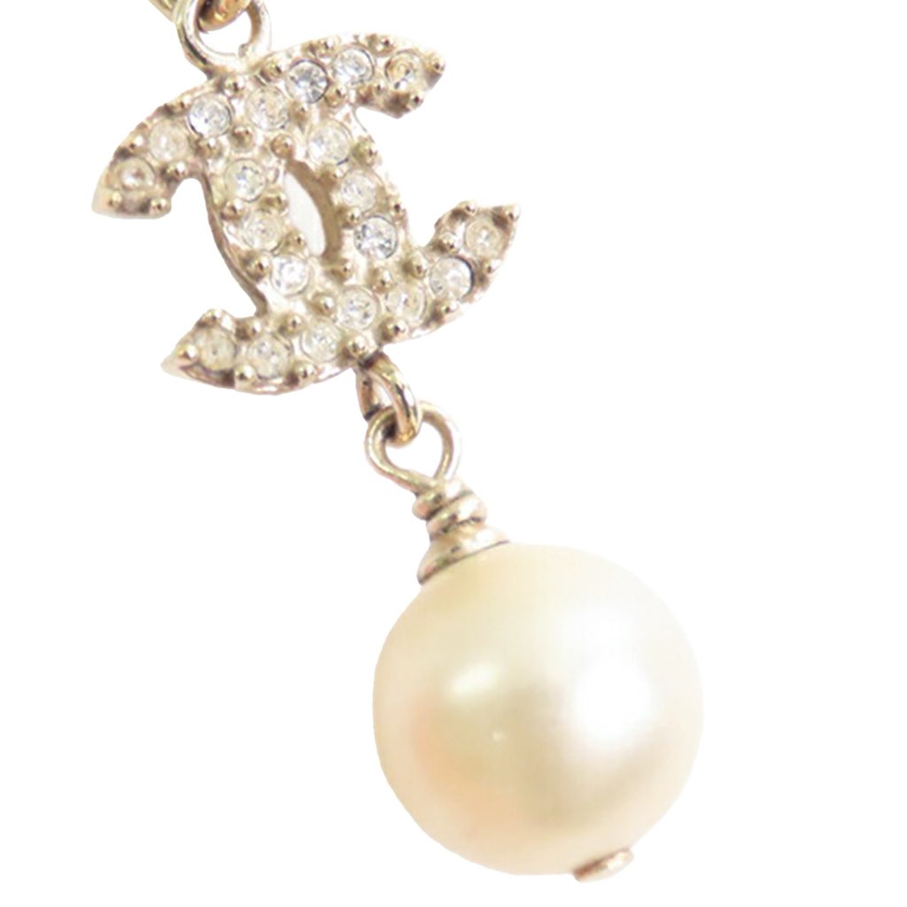 Chanel Gold Plated CC Rhinestones and Faux Pearl Pendant Necklace - 3