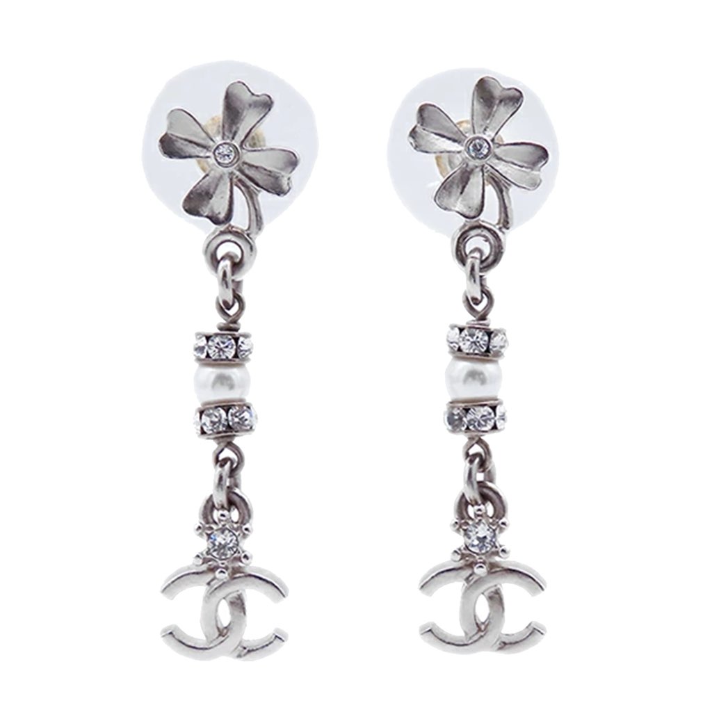 Chanel Silver Plated CC Flower Rhinestones and Faux Pearl Drop Push Back Earrings