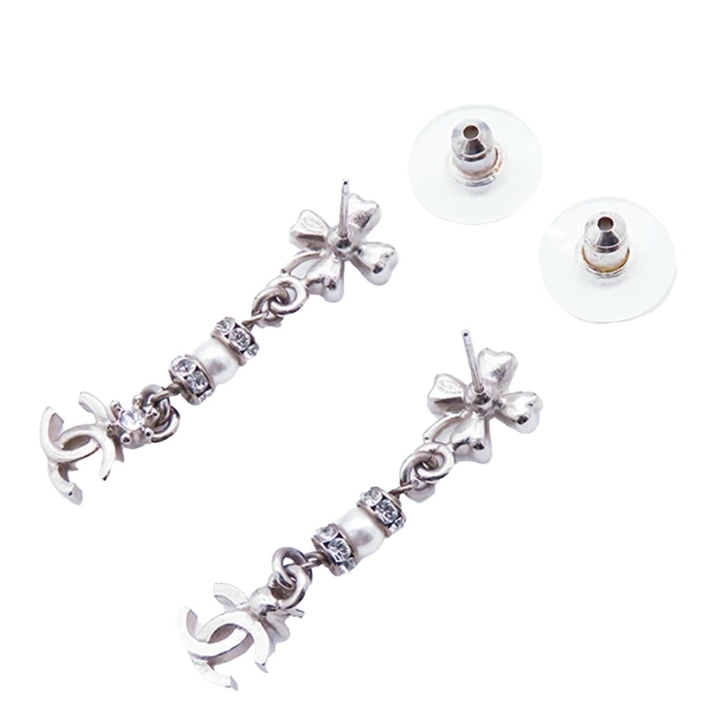 Chanel Silver Plated CC Flower Rhinestones and Faux Pearl Drop Push Back Earrings - 2