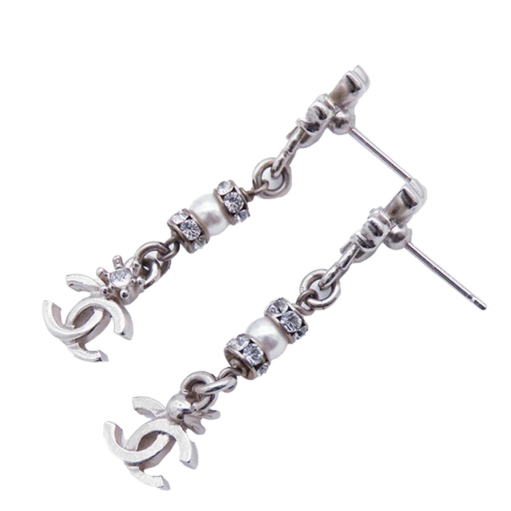 Chanel Silver Plated CC Flower Rhinestones and Faux Pearl Drop Push Back Earrings - 3