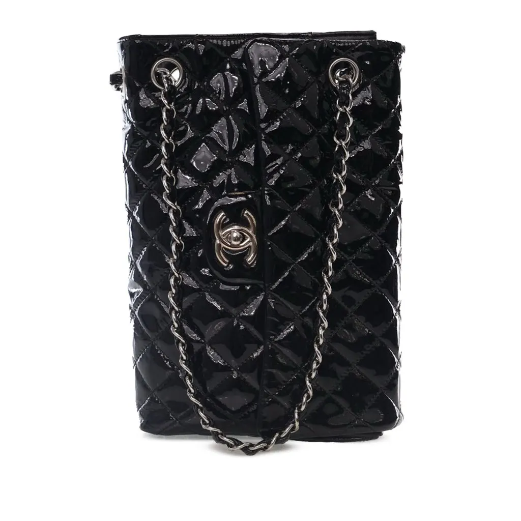 Chanel Medium Quilted Patent Upside Down Flap Black Leather Good - Front View
