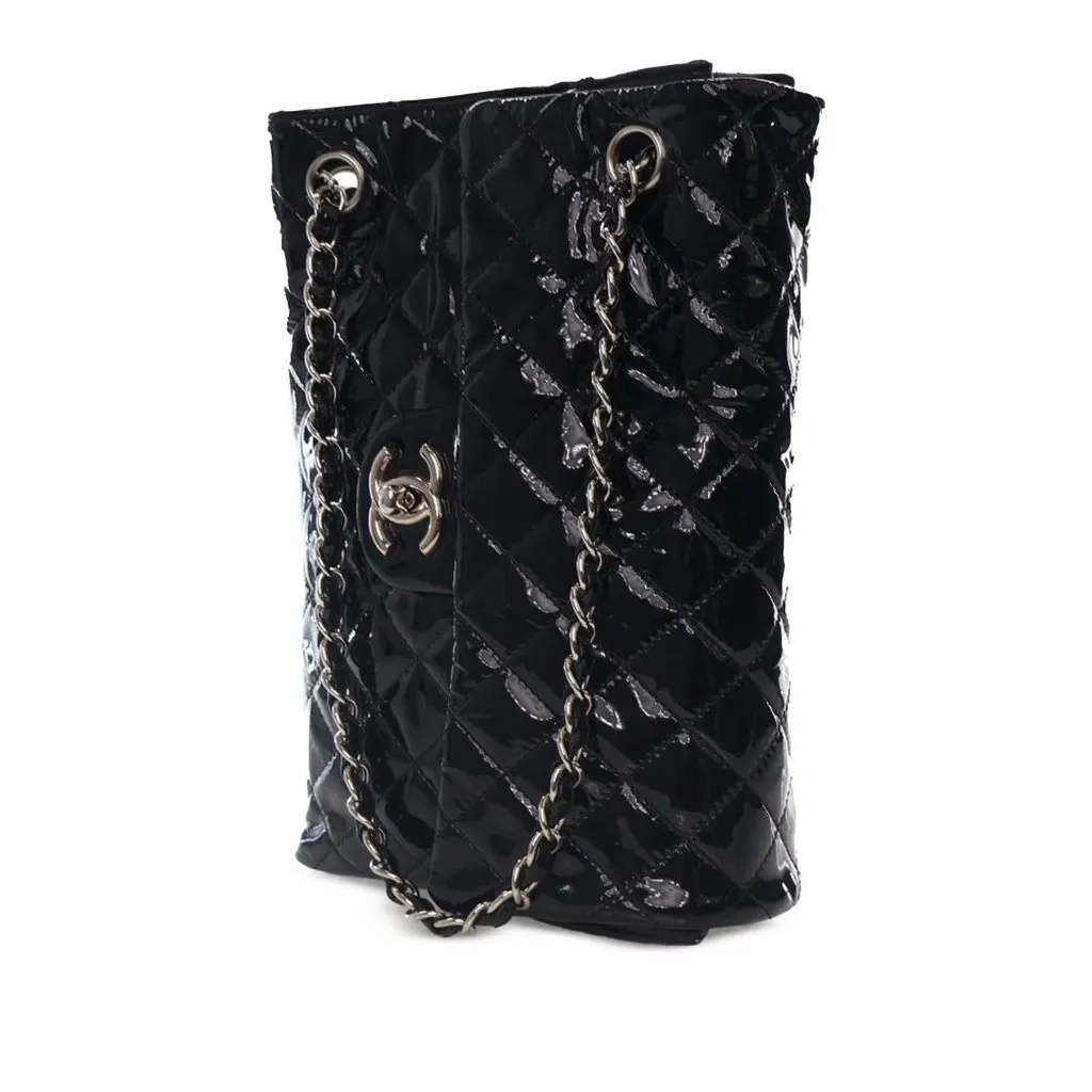 Chanel Medium Quilted Patent Upside Down Flap Black Leather Good - Back View