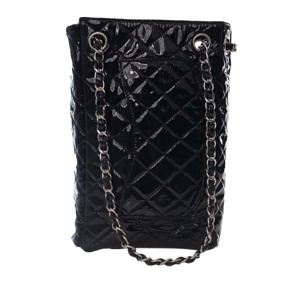 Chanel Medium Quilted Patent Upside Down Flap Black Leather Good - Model View