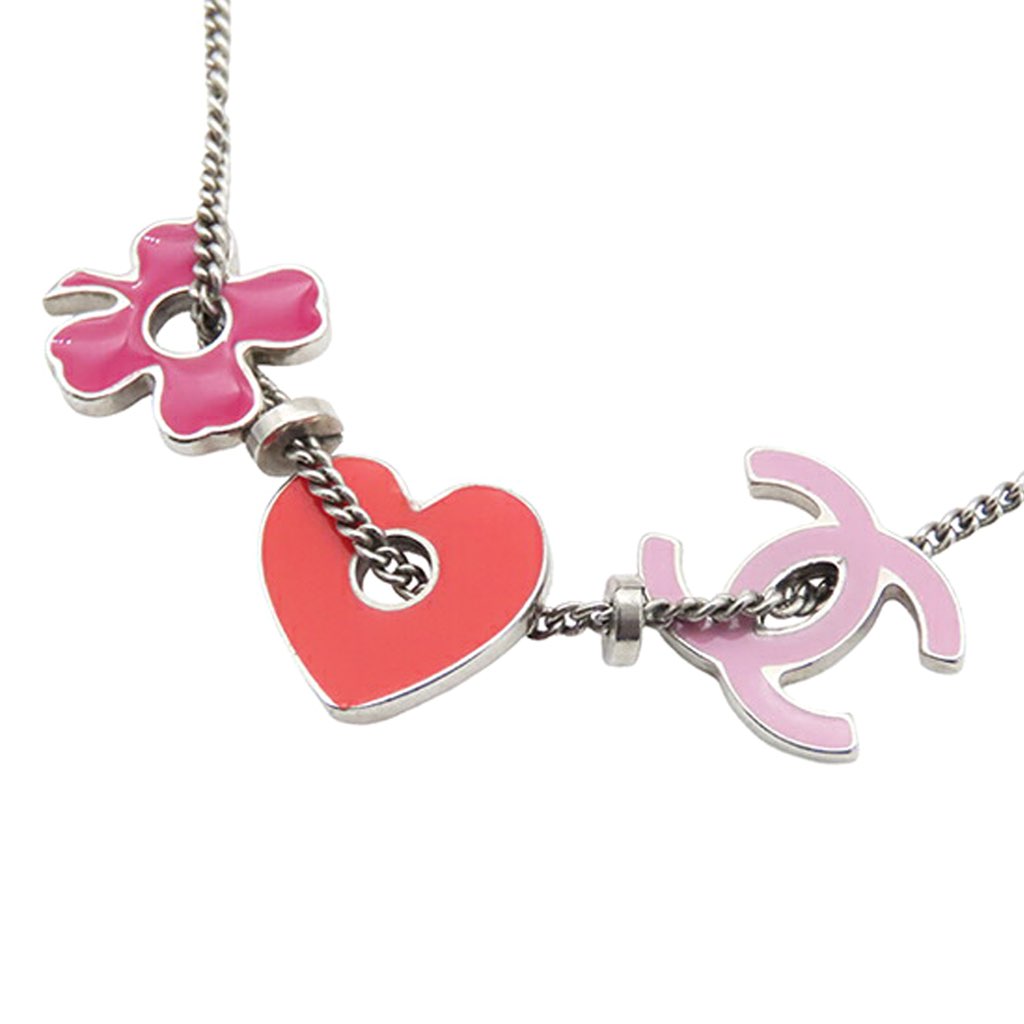 Chanel CC Silver Plated Enamel Heart and Clover Charm Pendant Necklace - 2