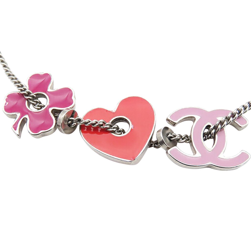 Chanel CC Silver Plated Enamel Heart and Clover Charm Pendant Necklace - 3