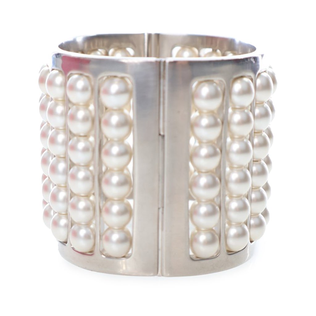 Chanel Silver Plated Wide Pearl Cuff Bracelet - Image 6