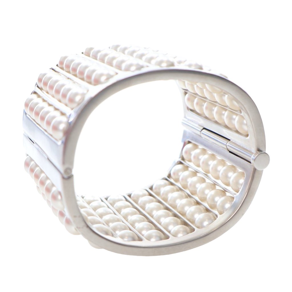 Chanel Silver Plated Wide Pearl Cuff Bracelet - Side view