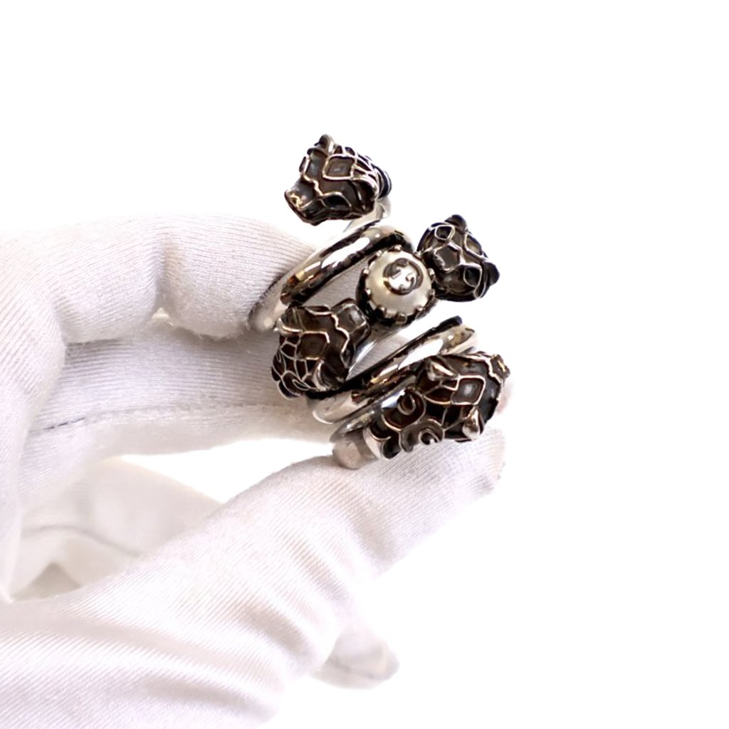 Gucci Silver Plated Faux Pearl Tiger Heads Double Wrap Ring